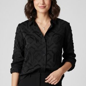 Akris Punto Black Geometric Fil Coupe Fringe Button Down Blouse Shirt US 6